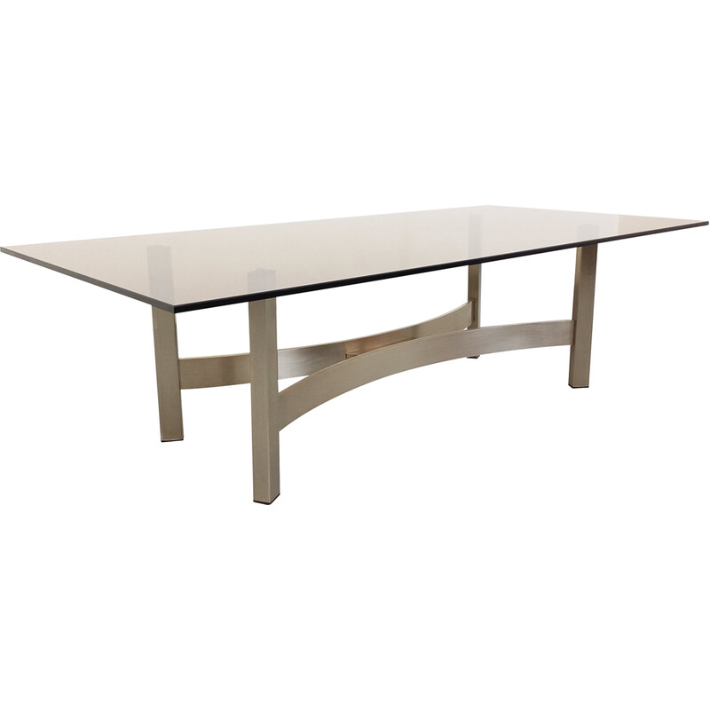 Vintage coffee table in smoked glass and brushed cast aluminum for Roche-Bobois, France 1970