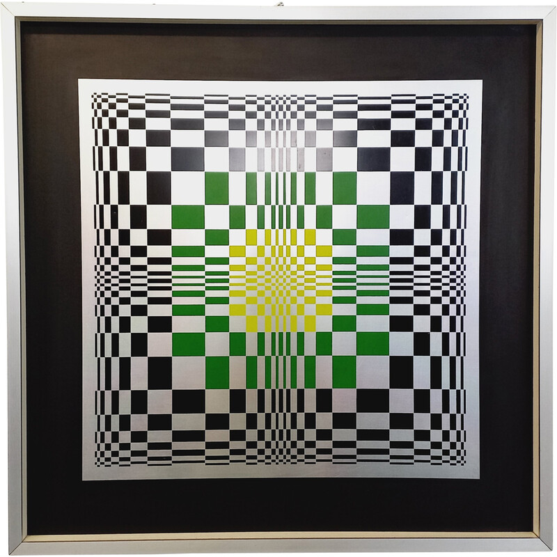 Vintage kinetic checkerboard screen print on aluminum, Italy 1970