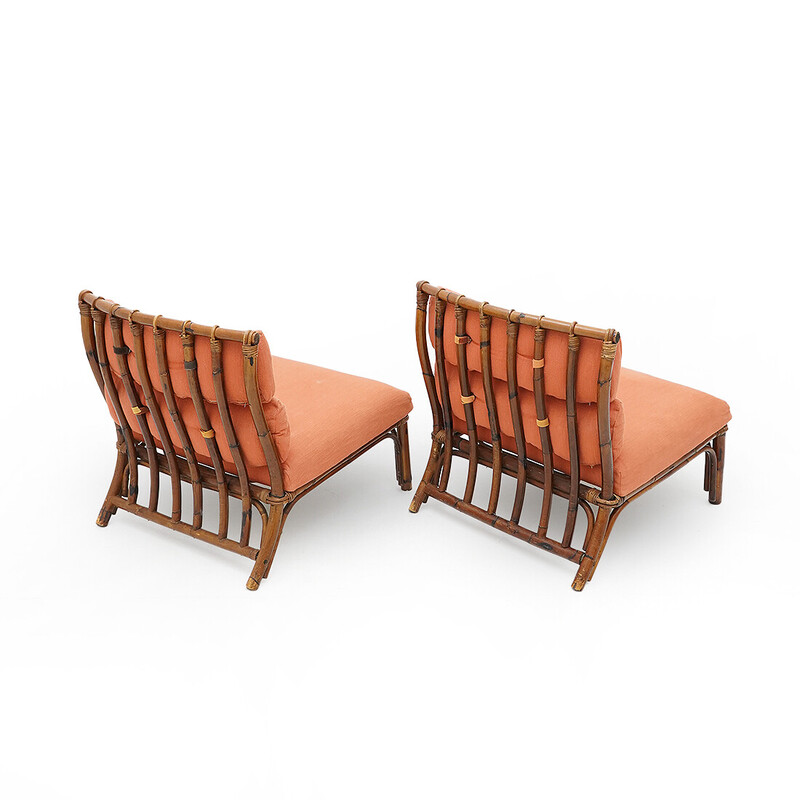 Pair of vintage rattan armchairs with cushions, Italy 1970