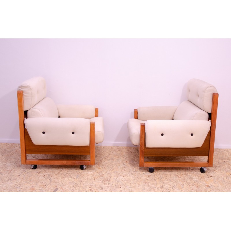 Pair of vintage armchairs in beech wood and fabric, 1970