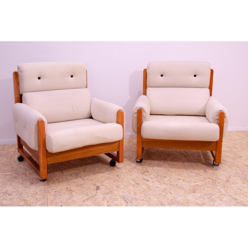 Pair of vintage armchairs in beech wood and fabric, 1970