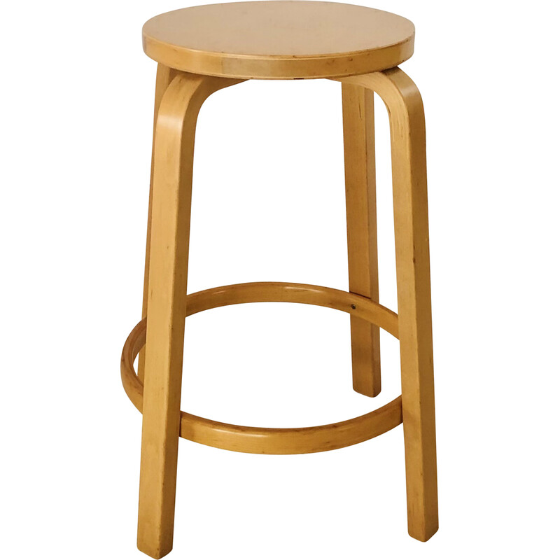 Tabouret de bar vintage modèle 64 en placage de bouleau par Alvar Aalto pour Artek, Finlande 1980