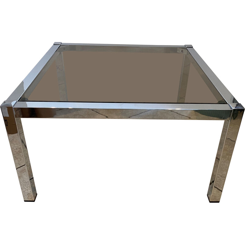Vintage square coffee table in smoked glass and chrome, 1970