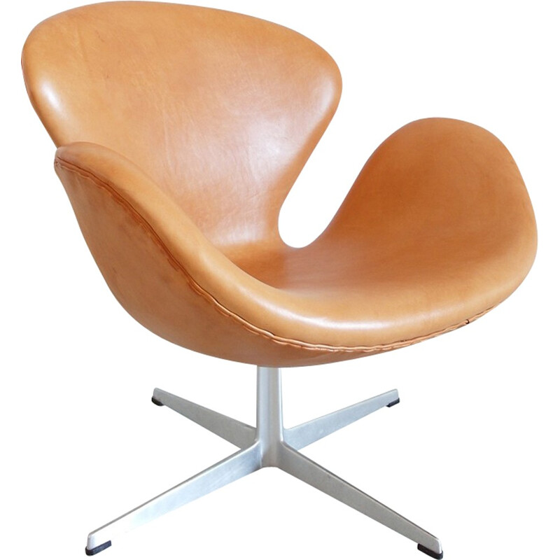 Brown easy chair in leather and aluminium model Swan by Arne Jacobsen for Fritz Hansen - 1960s