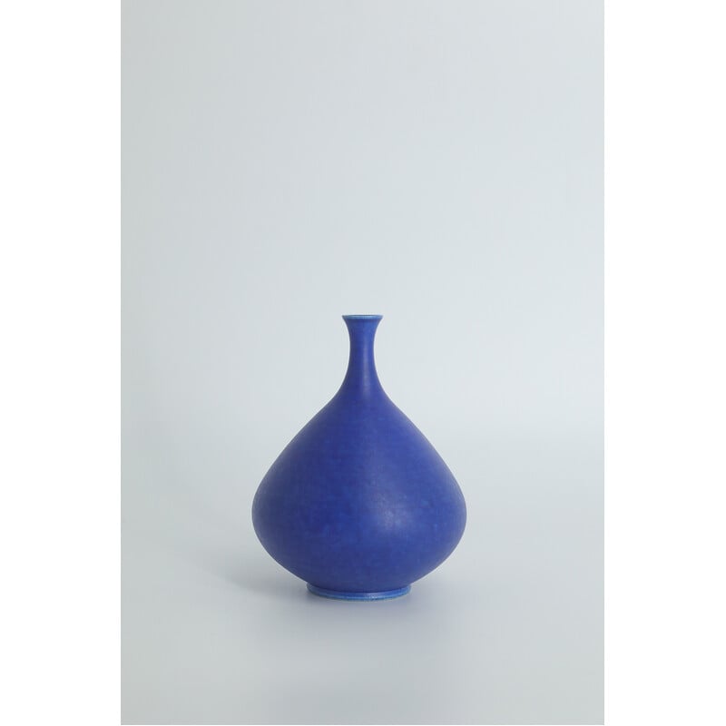 Vintage collectible cobalt stoneware vase by Gunnar Borg for Höganäs Ceramics, Sweden 1960