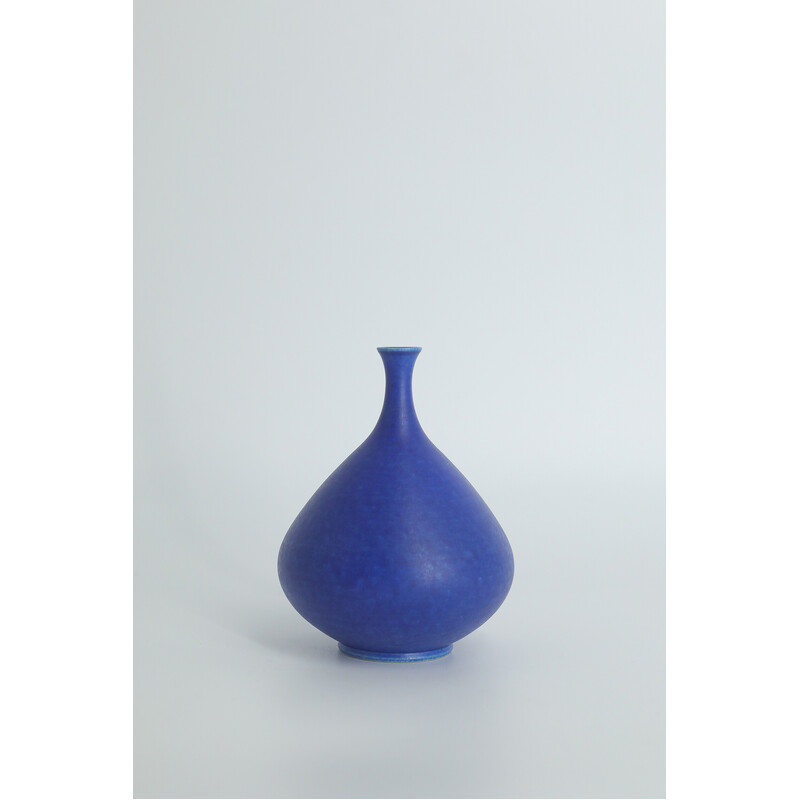 Vintage collectible cobalt stoneware vase by Gunnar Borg for Höganäs Ceramics, Sweden 1960