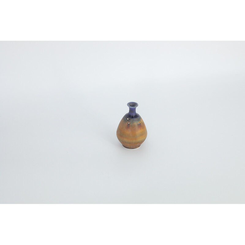 Vintage collectible blue and brown stoneware vase by Gunnar Borg for Höganäs Keramik, Sweden 1960