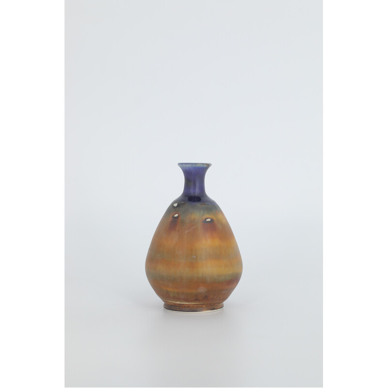 Vintage collectible blue and brown stoneware vase by Gunnar Borg for Höganäs Keramik, Sweden 1960