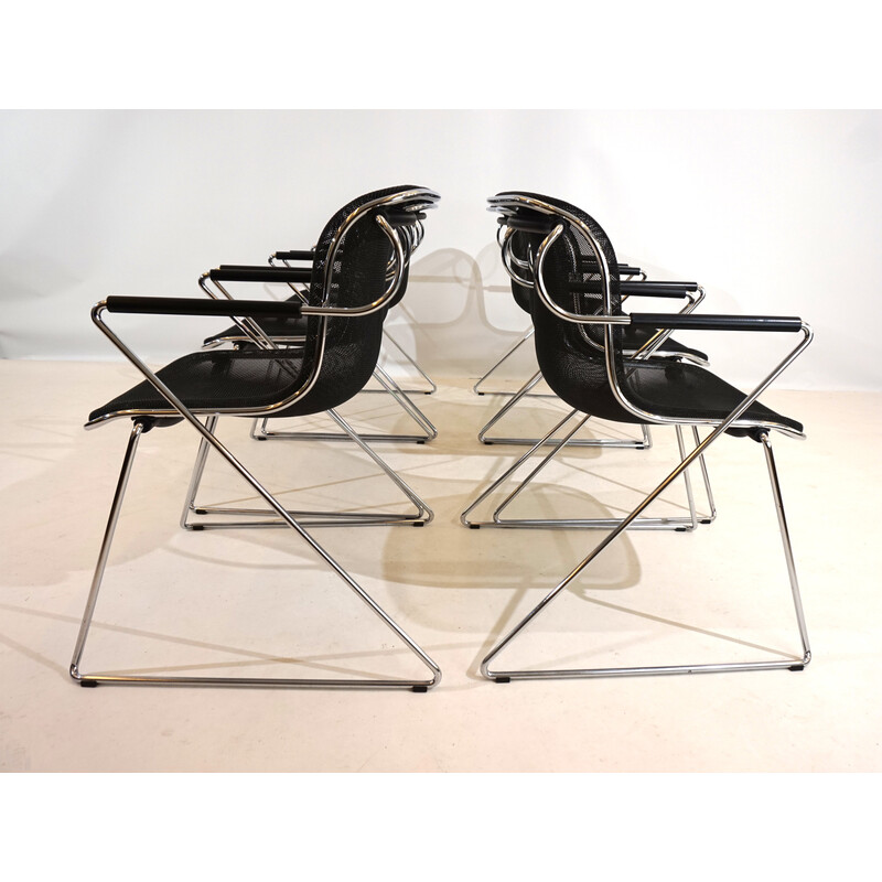 Set of 6 vintage chrome metal dining chairs by Charles Pollock for Castelli, Italy 1982