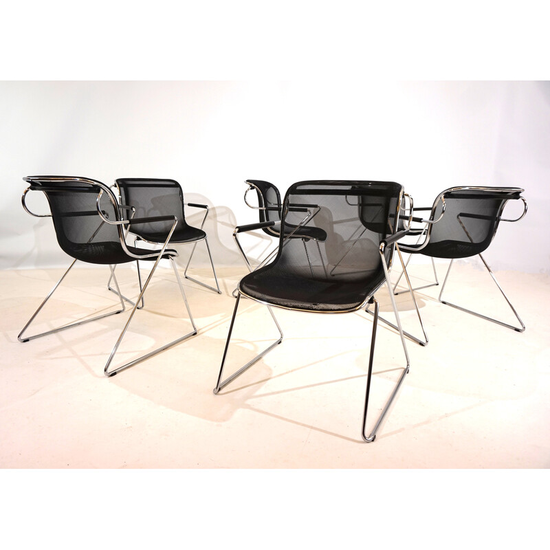 Set of 6 vintage chrome metal dining chairs by Charles Pollock for Castelli, Italy 1982