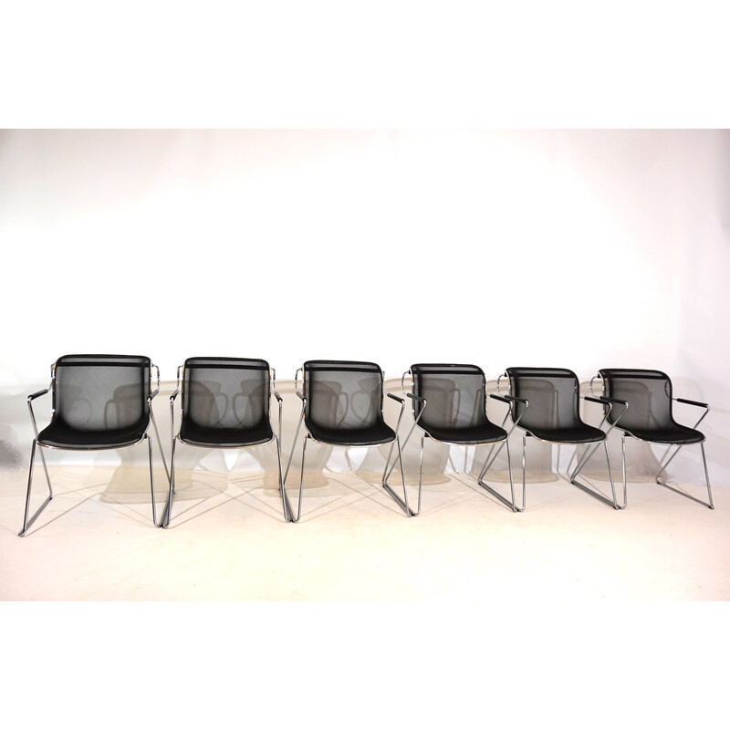 Set of 6 vintage chrome metal dining chairs by Charles Pollock for Castelli, Italy 1982