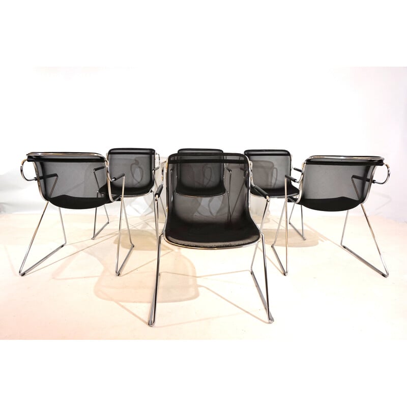 Juego de 6 sillas de comedor vintage de metal cromado de Charles Pollock para Castelli, Italia 1982
