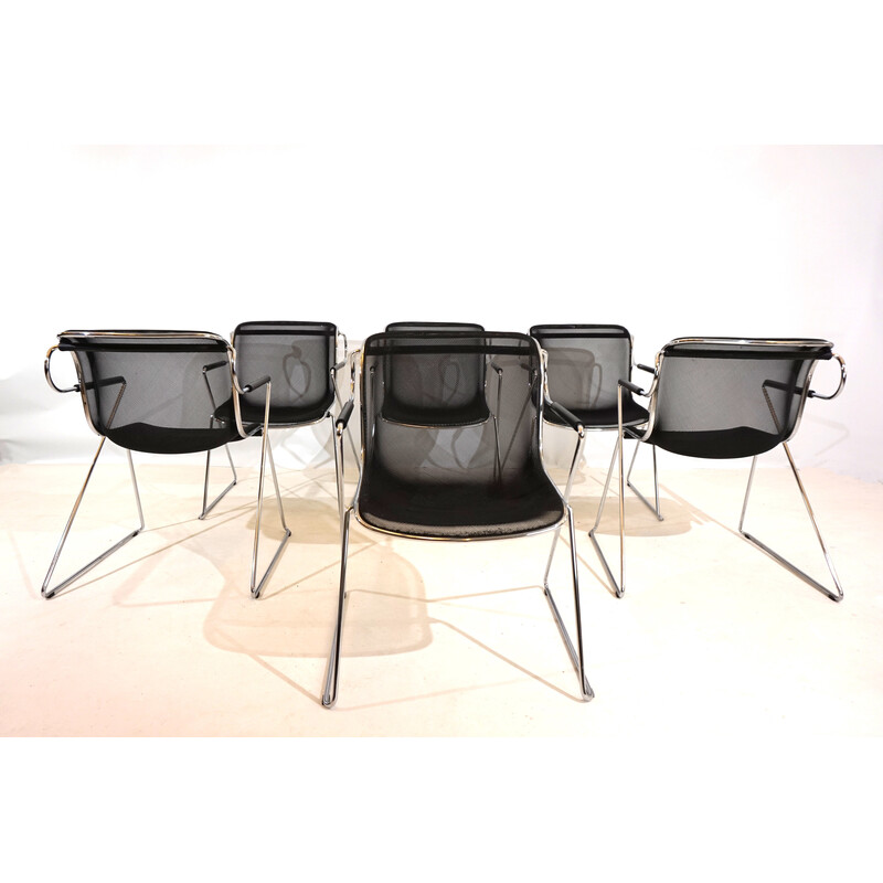 Set of 6 vintage chrome metal dining chairs by Charles Pollock for Castelli, Italy 1982