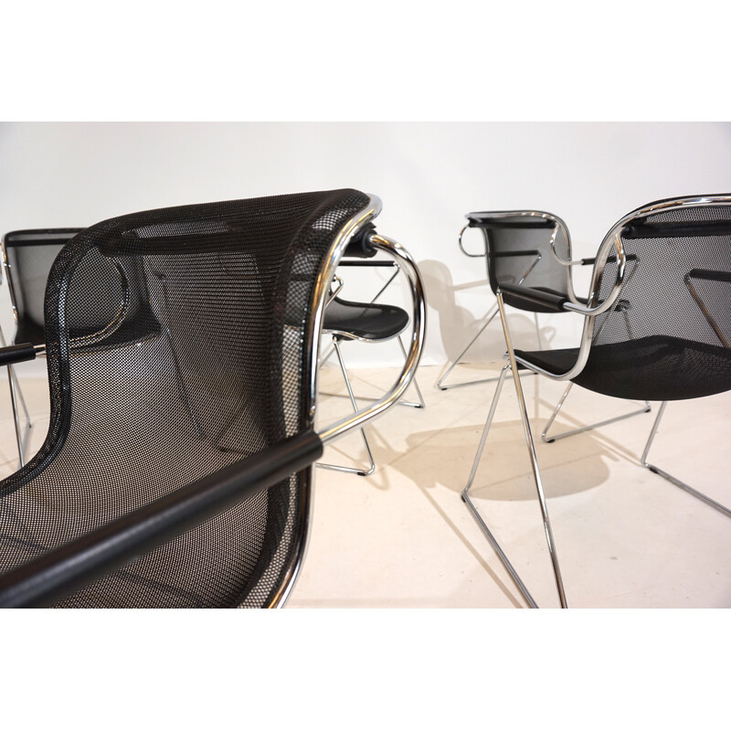 Set of 6 vintage chrome metal dining chairs by Charles Pollock for Castelli, Italy 1982