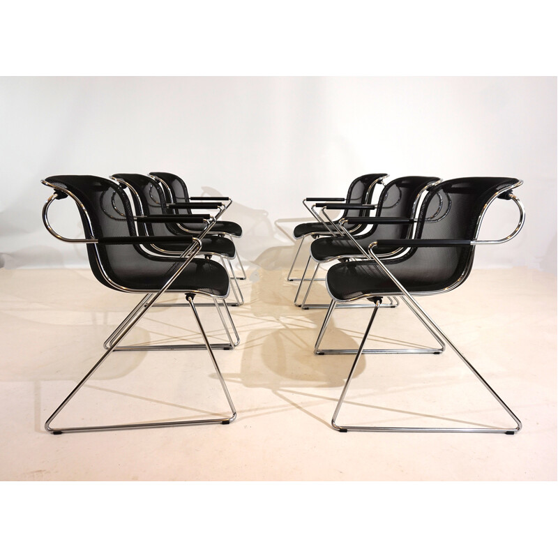 Set of 6 vintage chrome metal dining chairs by Charles Pollock for Castelli, Italy 1982