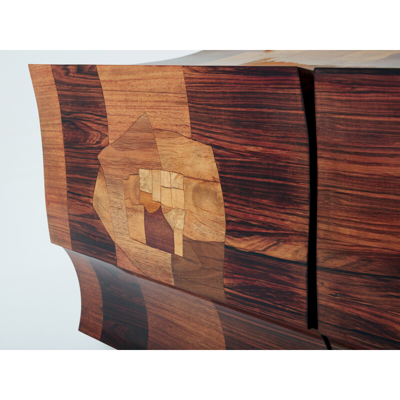 Vintage bar chest in wood and brass marquetry by Michel Lefèvre, 1960