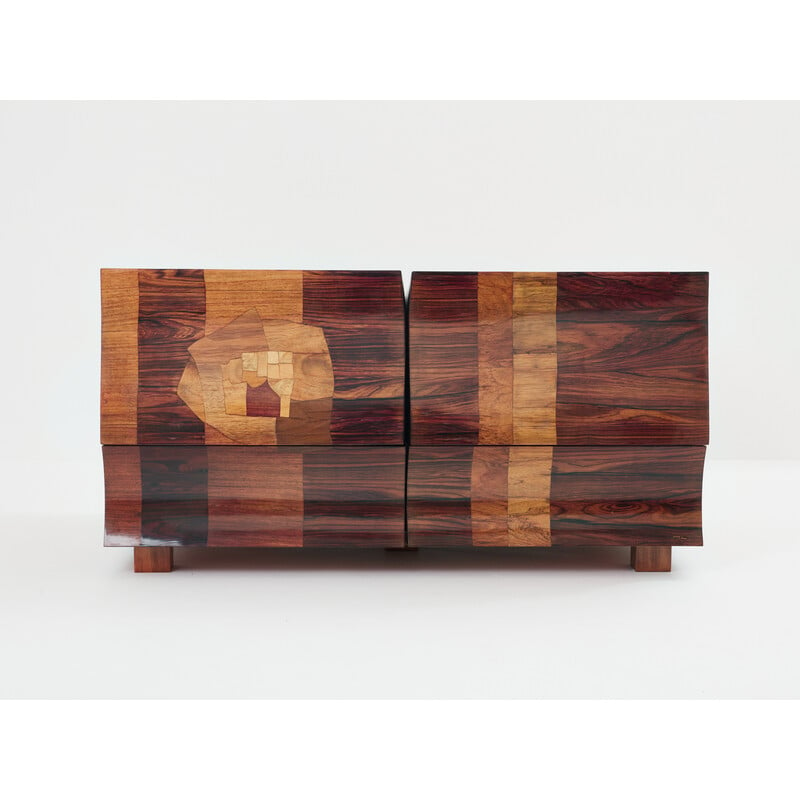 Coffre bar vintage en marqueterie de bois et laiton par Michel Lefèvre, 1960