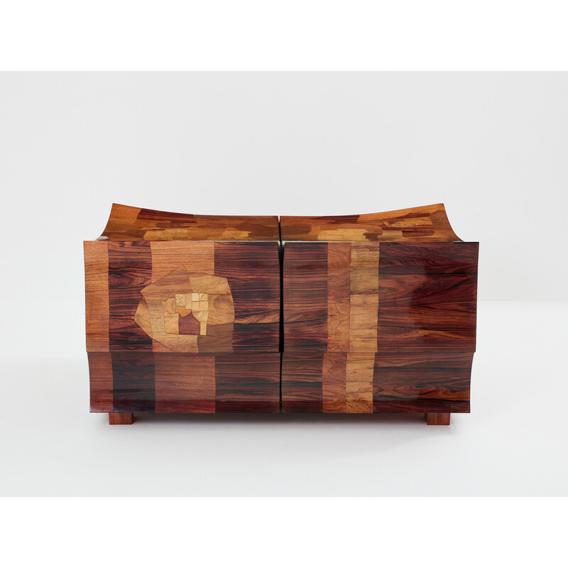Vintage bar chest in wood and brass marquetry by Michel Lefèvre, 1960
