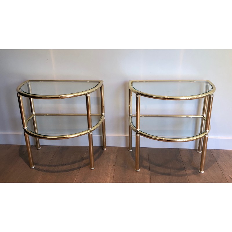 Pair of vintage rounded end tables in brass and silver metal, France 1970