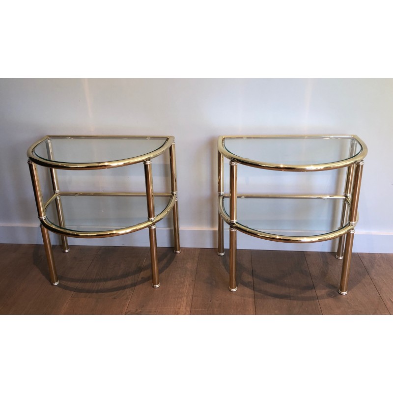 Pair of vintage rounded end tables in brass and silver metal, France 1970