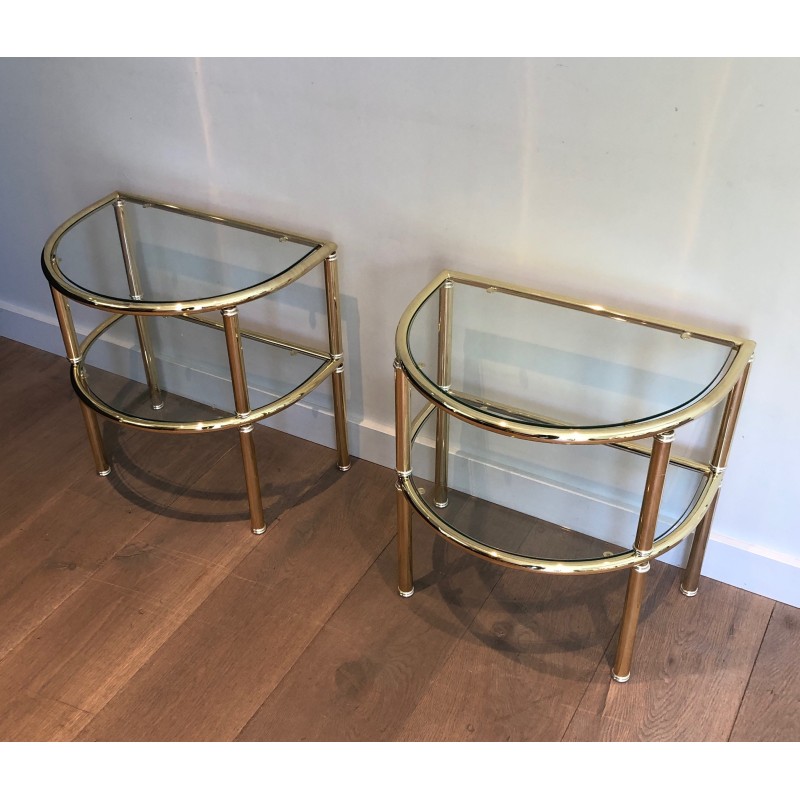 Pair of vintage rounded end tables in brass and silver metal, France 1970