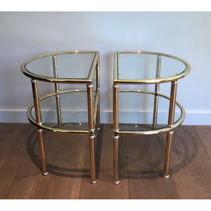 Pair of vintage rounded end tables in brass and silver metal, France 1970