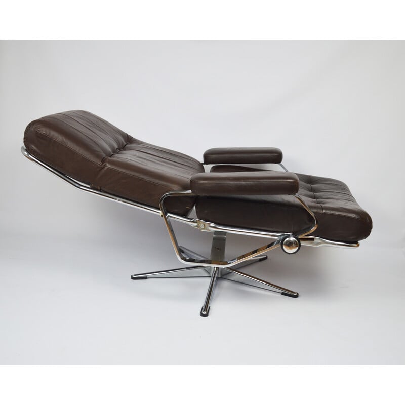Paire de fauteuils vintage en métal et cuir marron, 1970