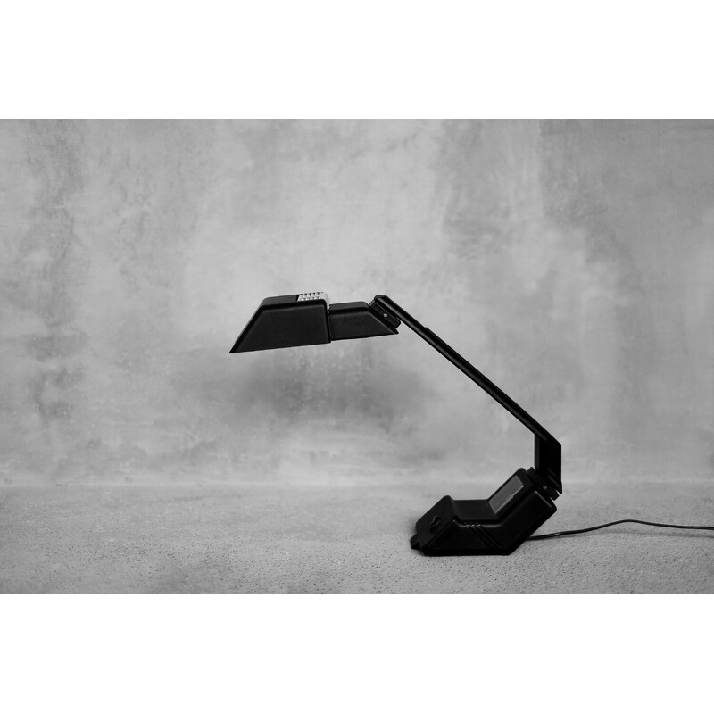 Vintage black plastic desk lamp with clock by Wojciech Dybek for Polamp Pułtusk, 1987