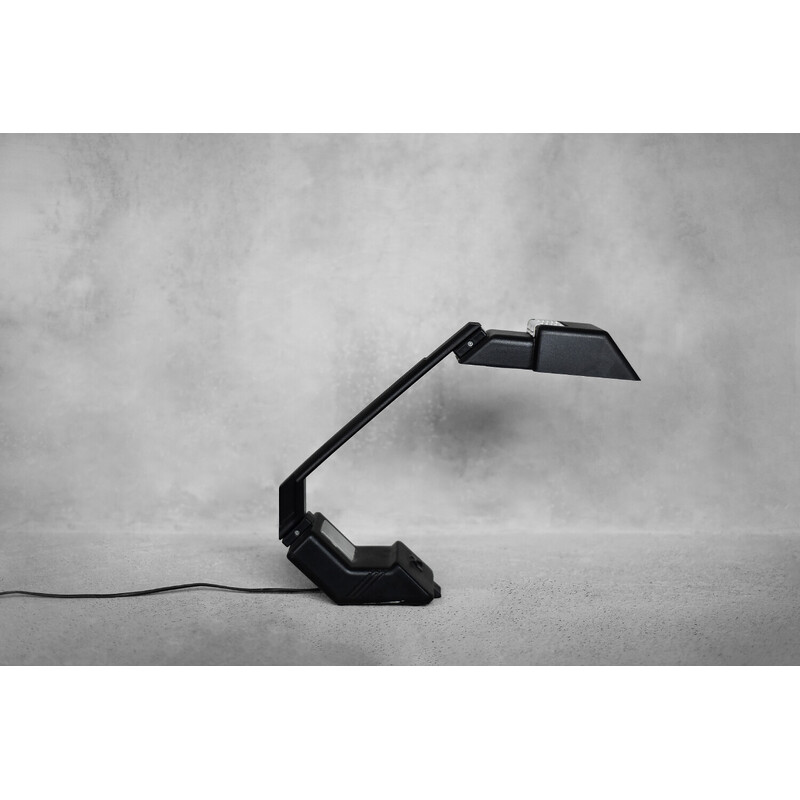 Vintage black plastic desk lamp with clock by Wojciech Dybek for Polamp Pułtusk, 1987