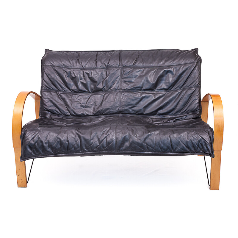 Vintage 2-seater "Polhem" sofa in beech wood and black leather by Tord Bjorklund for Ikéa, 1980