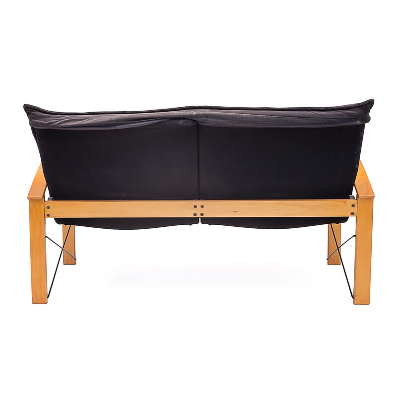 Vintage 2-seater "Polhem" sofa in beech wood and black leather by Tord Bjorklund for Ikéa, 1980