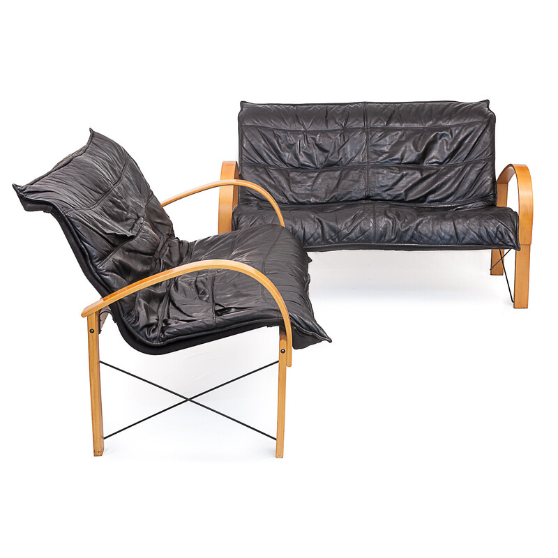 Sofá "Polhem" vintage de 2 plazas en madera de haya y cuero negro de Tord Bjorklund para Ikea, 1980