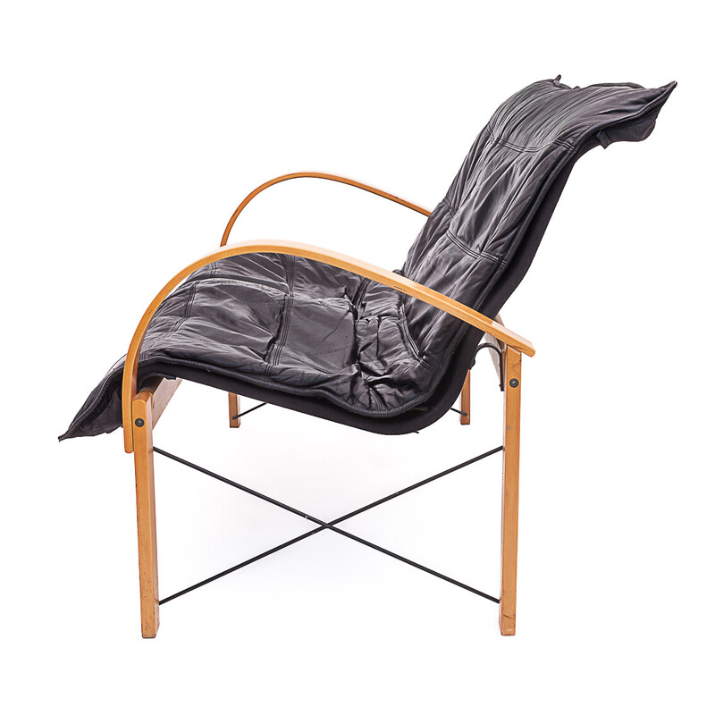 Vintage 2-Sitzer-Sofa "Polhem" aus Buchenholz und schwarzem Leder von Tord Bjorklund für Ikéa, 1980