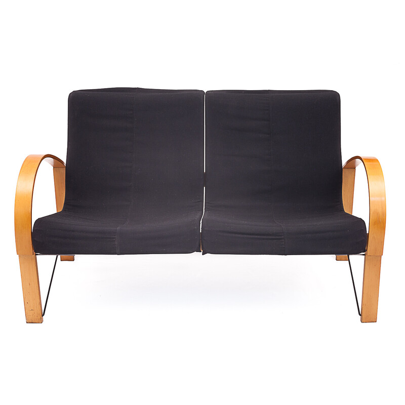 Vintage 2-seater "Polhem" sofa in beech wood and black leather by Tord Bjorklund for Ikéa, 1980