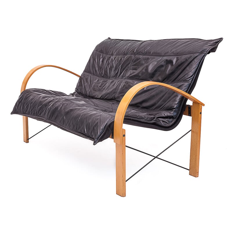 Polhem" sofá vintage de 2 lugares em madeira de faia e pele preta de Tord Bjorklund para a Ikea, 1980