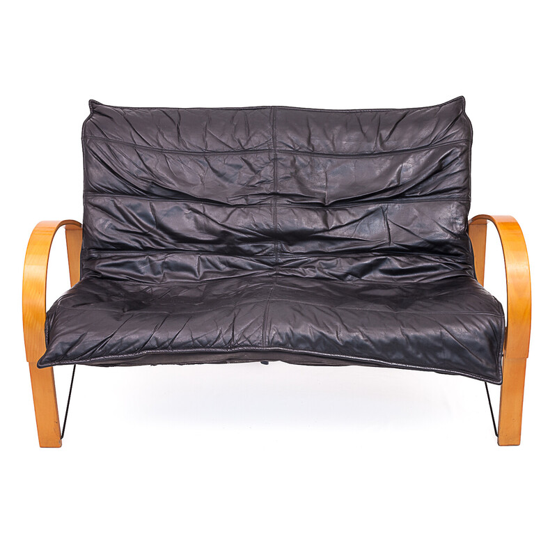 Vintage 2-seater "Polhem" sofa in beech wood and black leather by Tord Bjorklund for Ikéa, 1980