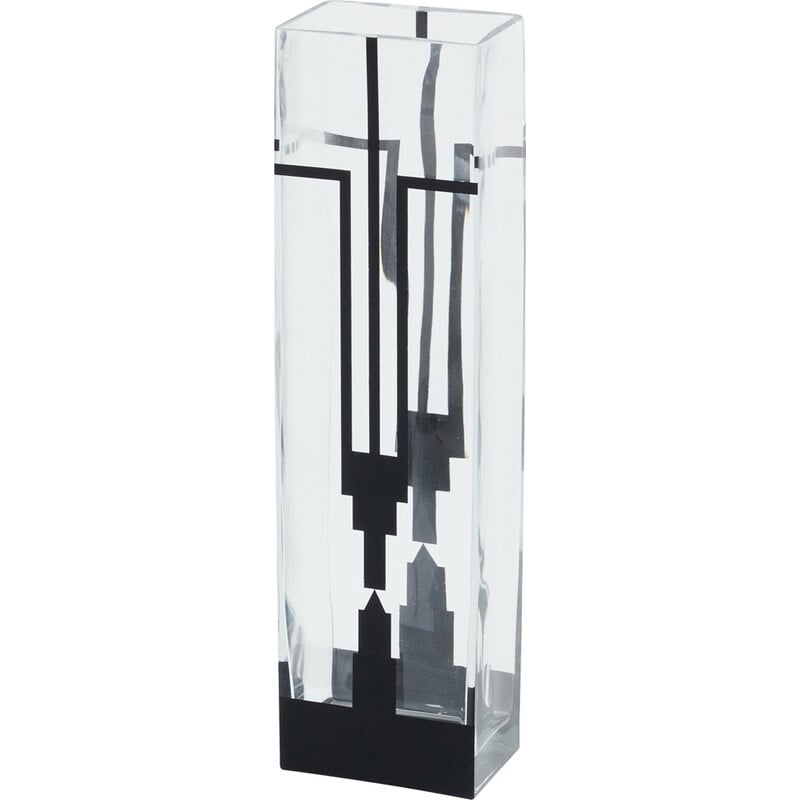 Vase vintage Art Déco en verre transparent et dépoli noir par Anatole Riecke, 1932