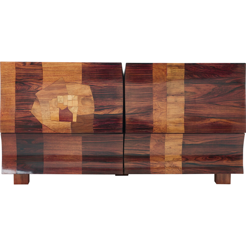 Vintage bar chest in wood and brass marquetry by Michel Lefèvre, 1960