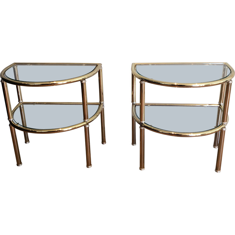 Pair of vintage rounded end tables in brass and silver metal, France 1970