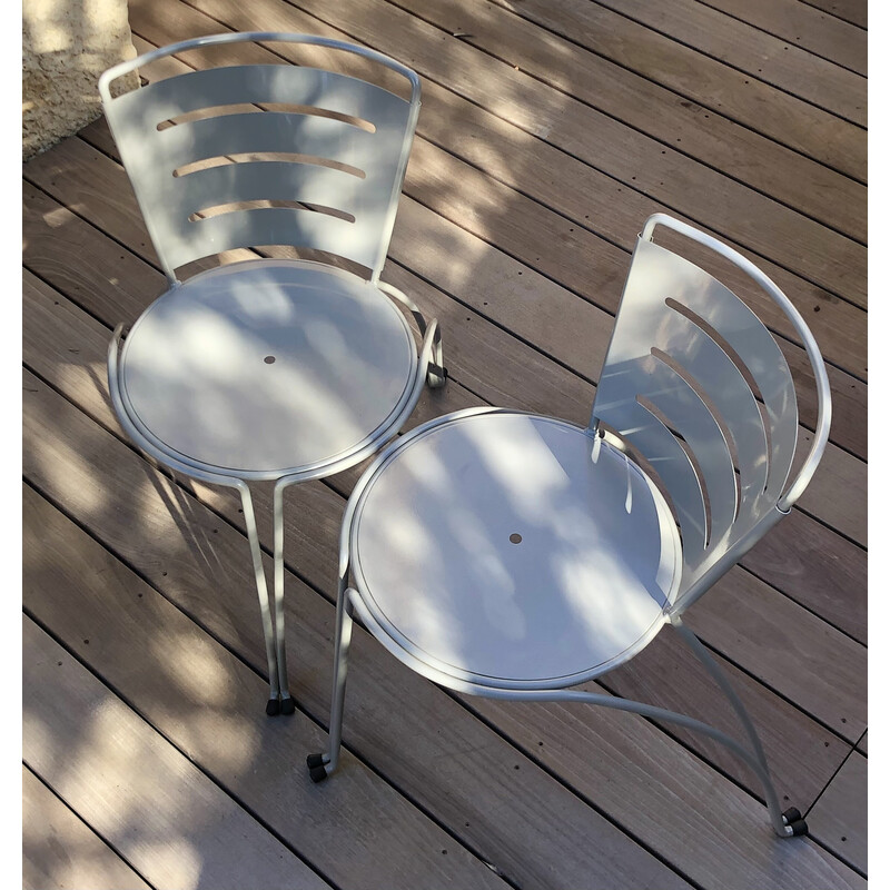 Pair of vintage garden chairs in wire and sheet steel by Jean-Michel Wilmotte for Tebong, France 1987