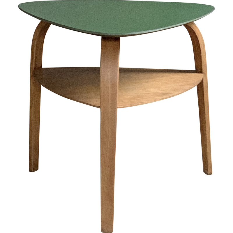 Table basse vintage "Bow wood" tripode en chêne et frêne courbé de Hugues Steiner, 1950