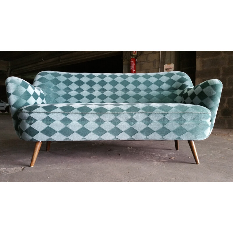 Blue turquoise sofa with diamond patterns - 1950s 