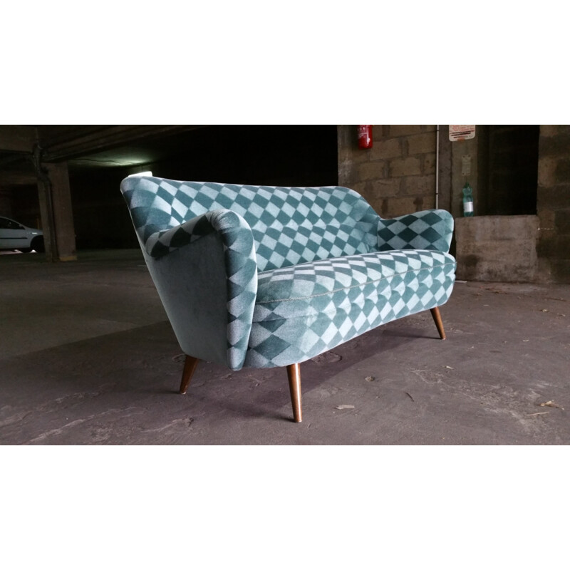 Blue turquoise sofa with diamond patterns - 1950s 