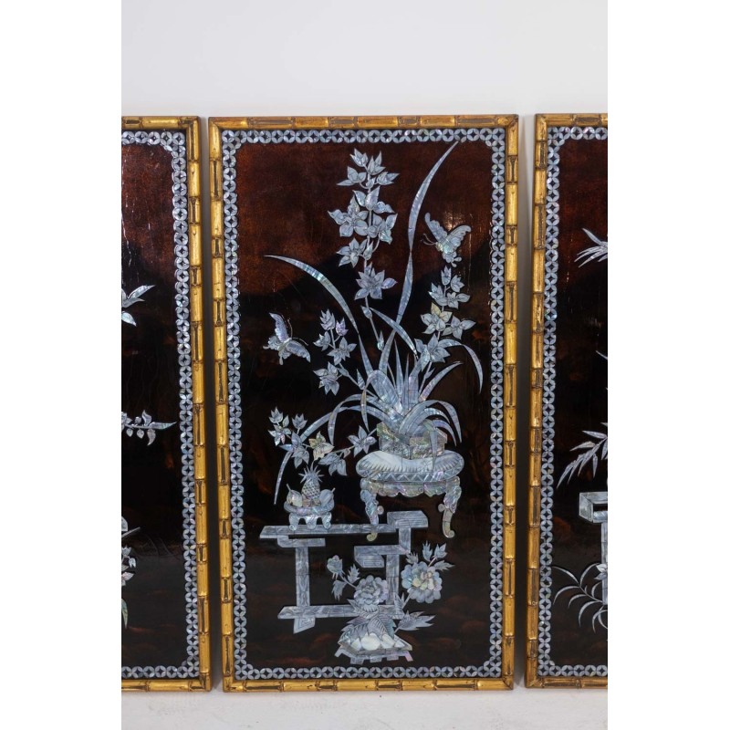 Set of 4 vintage decorative lacquer panels, France 1950
