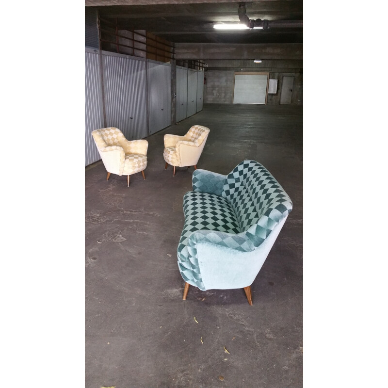 Blue turquoise sofa with diamond patterns - 1950s 