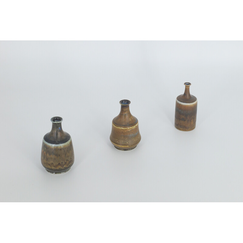 Set of 3 vintage earthy brown stoneware vases by Gunnar Borg for Höganäs Ceramics, Sweden 1960