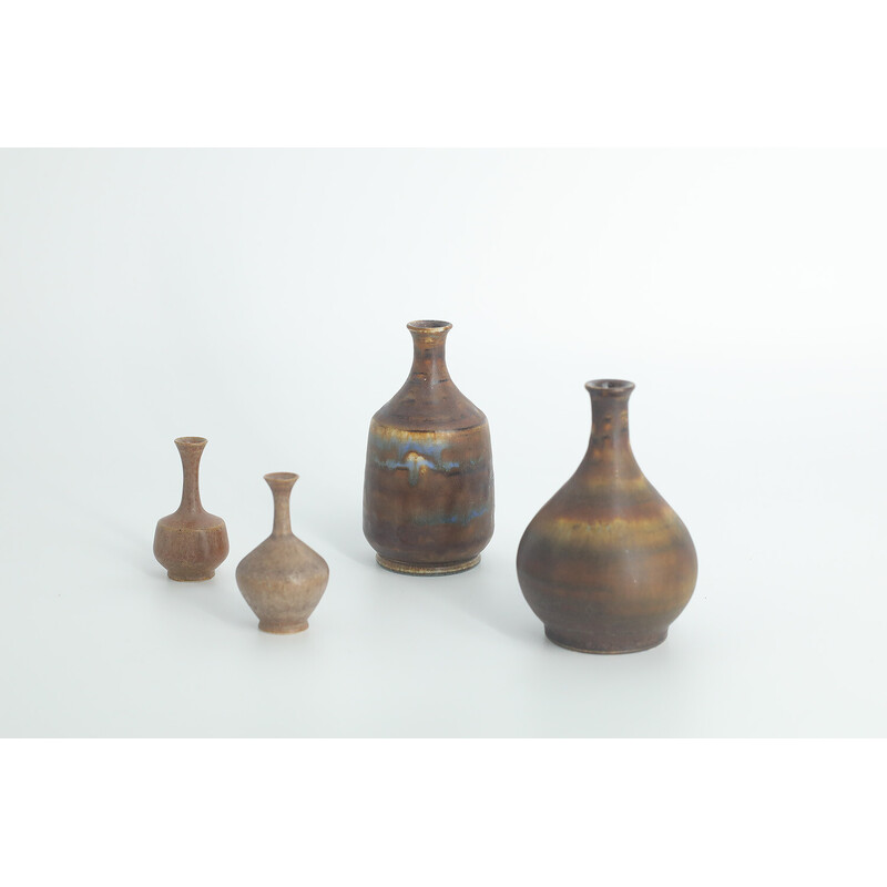 Set of 4 vintage brown stoneware vases by Gunnar Borg for Höganäs Ceramics, Sweden 1960