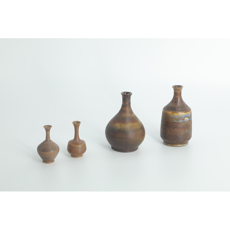 Set of 4 vintage brown stoneware vases by Gunnar Borg for Höganäs Ceramics, Sweden 1960