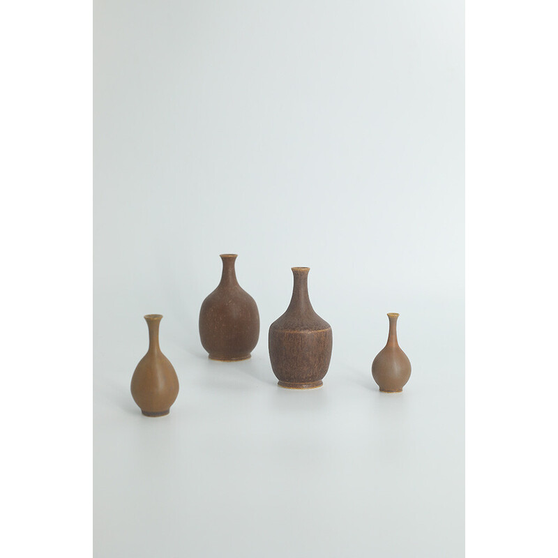 Lot de 4 vases de collection vintage en grès marron par Gunnar Borg pour Höganäs Ceramics, Suède 1960