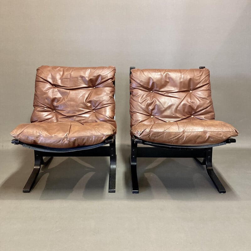 Vintage "Siesta" armchairs in leather and beech by Ingmar Relling for Westnofa, 1960